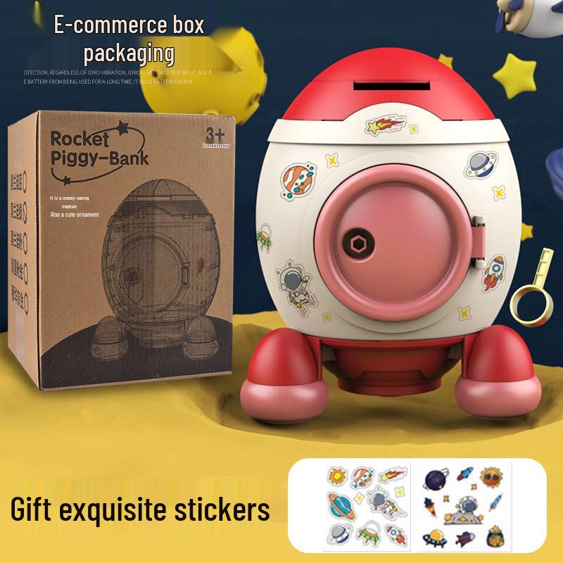 Rocket Piggy Bank for Kids: Large Capacity Coin Bank with Key and Stickers