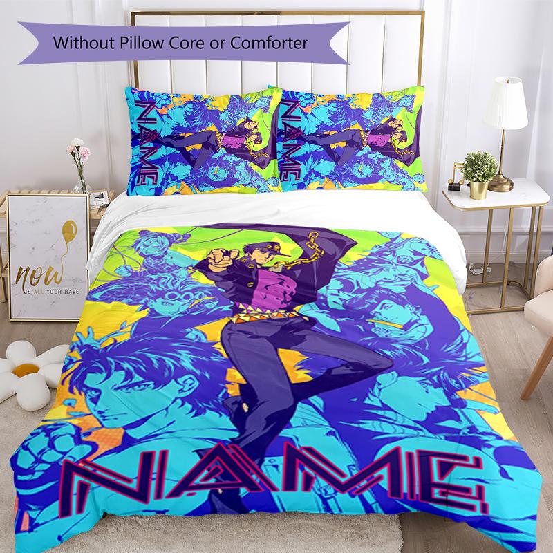3pcs Custom Name Cartoon JoJo's Bizarre Adventure Bedding Set Duvet Cover Closure Includes 1 Duvet Cover & 2 Pillowcases for All Seasons Bedroom Decor