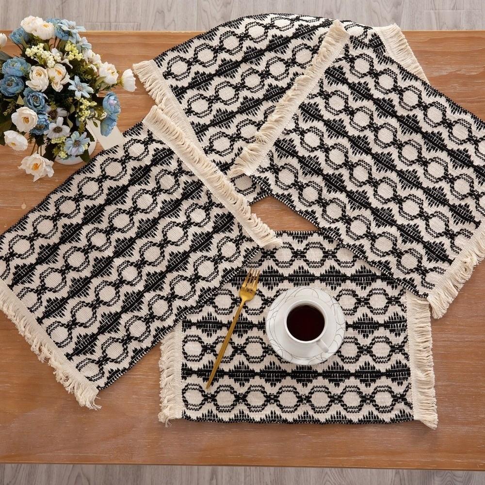 2pcs Modern Linen-cotton Placemats Handmade Tassel Farmhouse Tableware Mat Double Color Splicing Heat Insulation Mat
