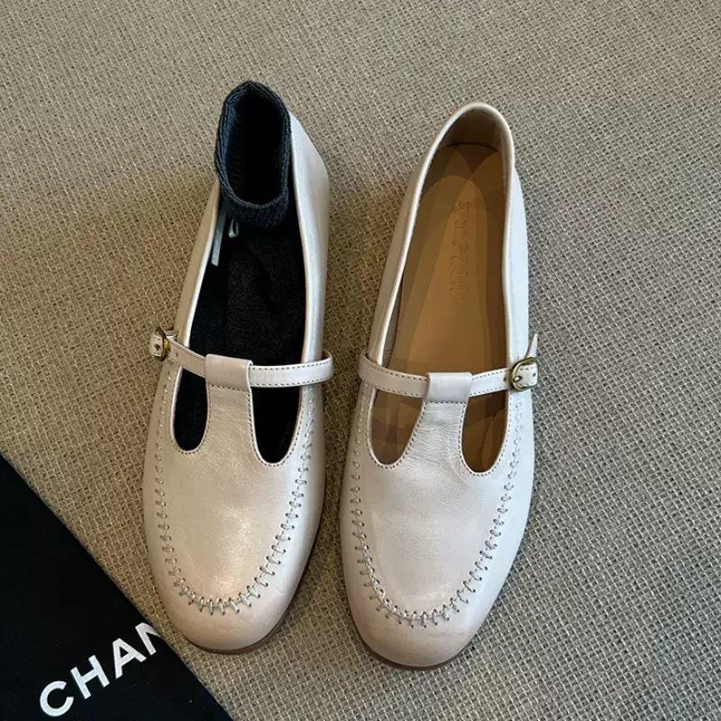 Sheepskin~ French Single Shoes Women's Shallow Mouth Flat Bottom Versatile Hollow T-strip Loafers with Skirt Retro Mary Jane Shoes