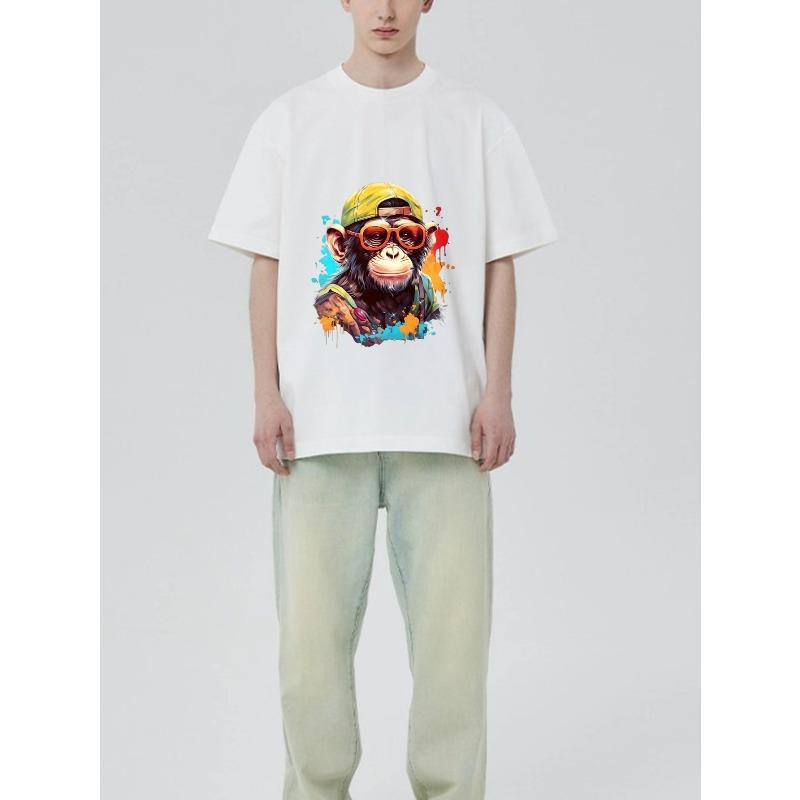Black T Shirt with Monkey Wearing Cap and Sunglasses Print for Casual Wear