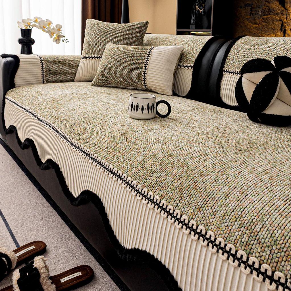 Four Season Universal Chenille Sofa Cover Light Luxury Retro Fixed Anti Slip Straight Row Sofa Cushion Cover Machine Washable