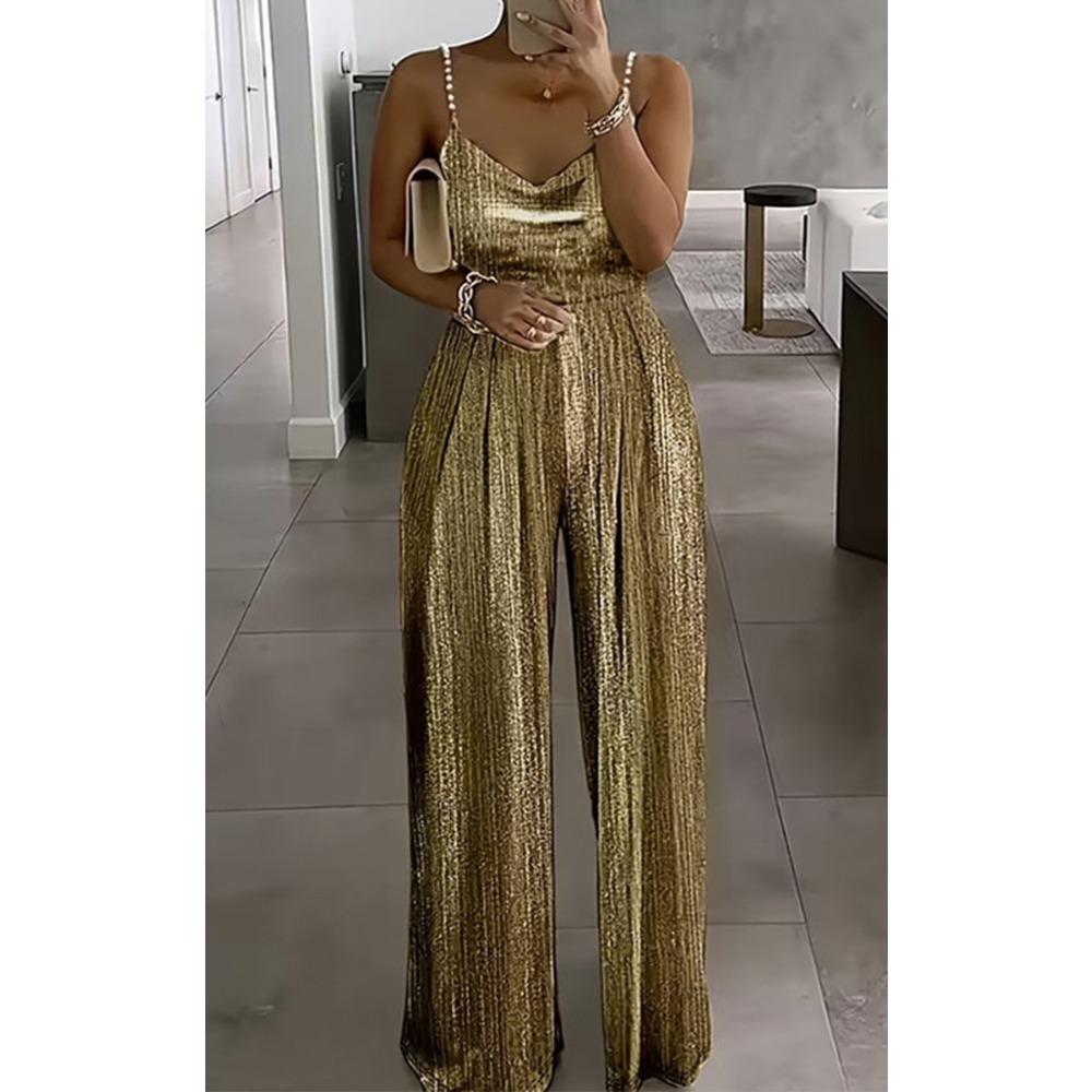 Tuta Elegante da Donna con Spalline di Perle e Paillettes Gamba Larga Scollo a V Senza Maniche per Feste