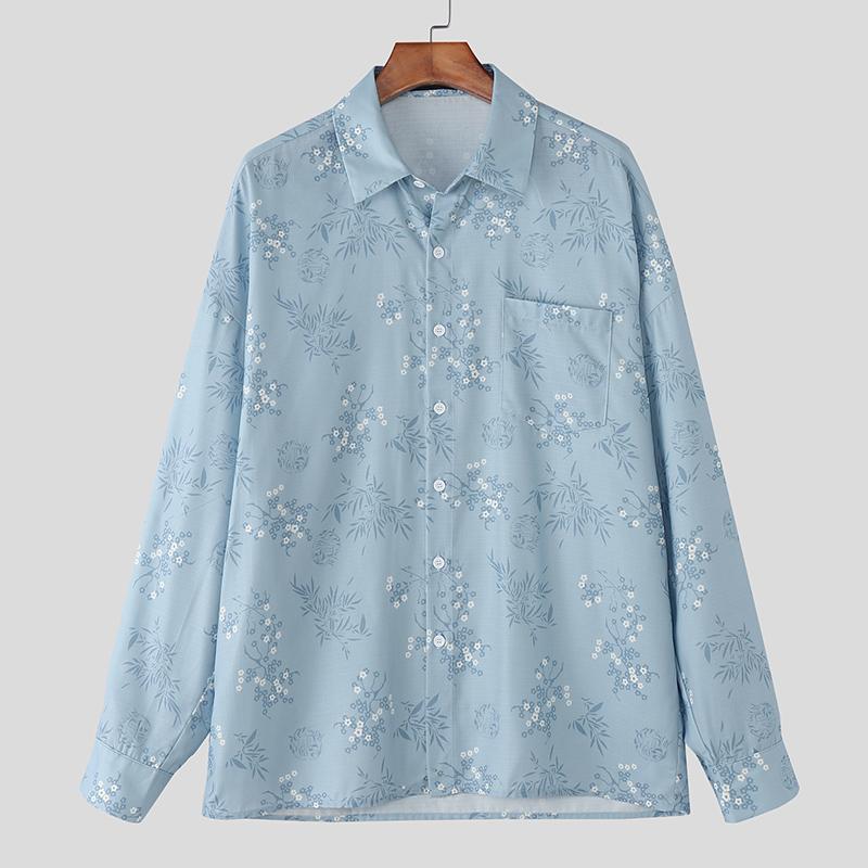 

INCERUN Men Lapel Neck Long Sleeve Floral Print Casual Shirts Tops 5XL синій