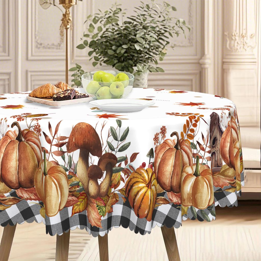 1 Autumn-Themed Tablecloth, Polyester Fabric, Orange Pumpkin And Maple Leaf Pattern, Autumn Table Decoration