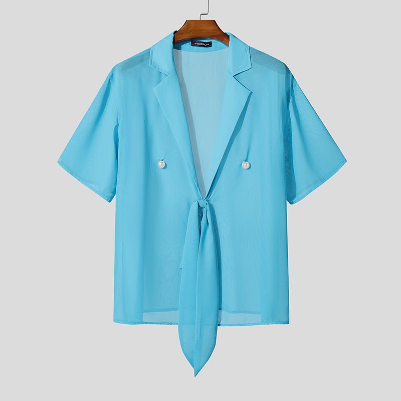 INCERUN Men Summer Short Sleeve Twisted Mesh Sheer Seen Through T-shirts