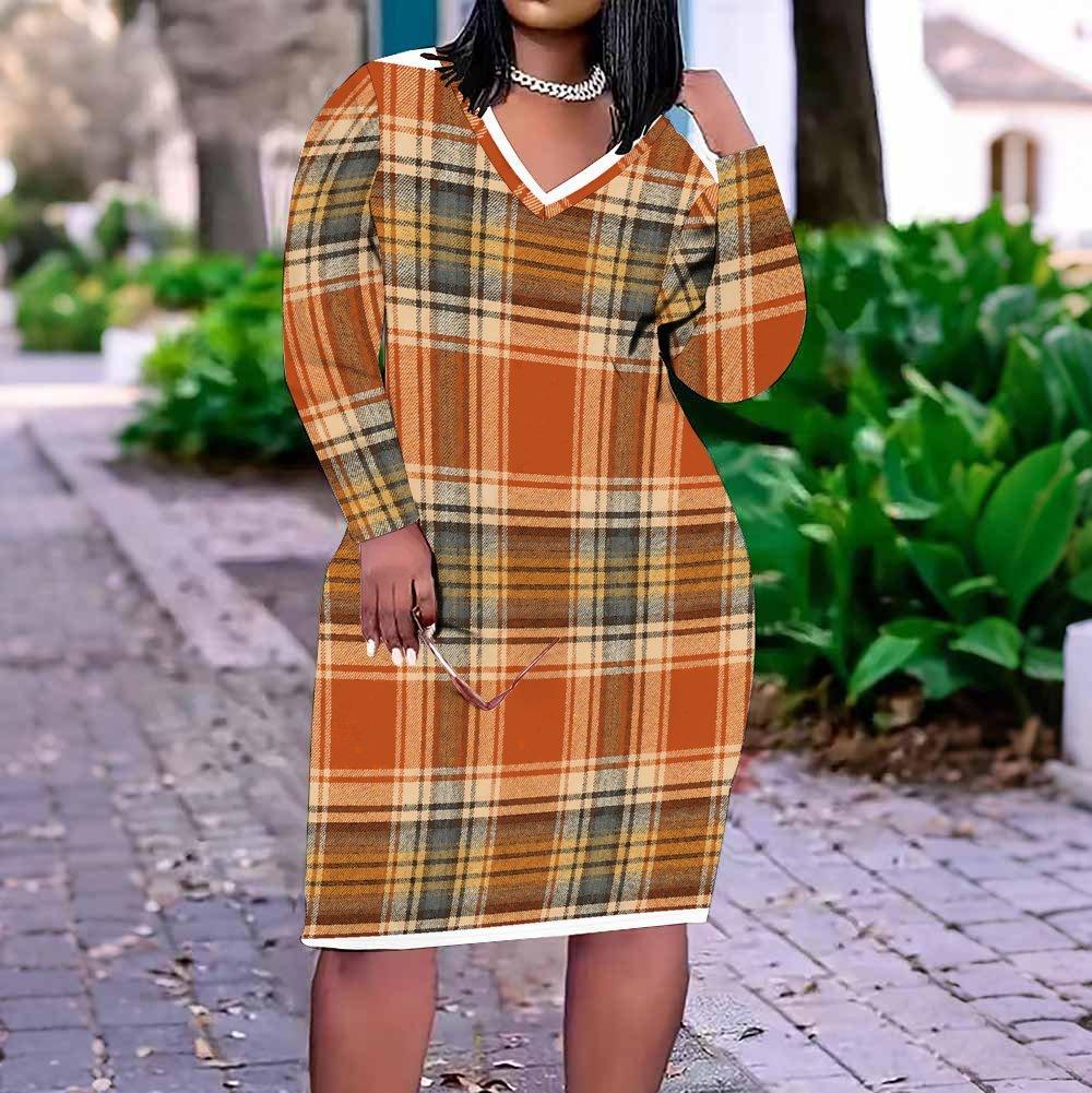 Women Plus Size V Neck Long Sleeve Printed Polka Dot Straight Dress
