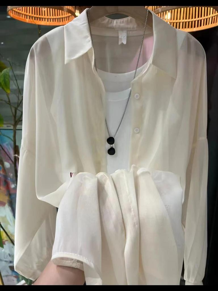 Dámská košile s dlouhým rukávem z šifonu s UV ochranou - Korejský styl, Volný střih, Střední délka, Jaro/Léto