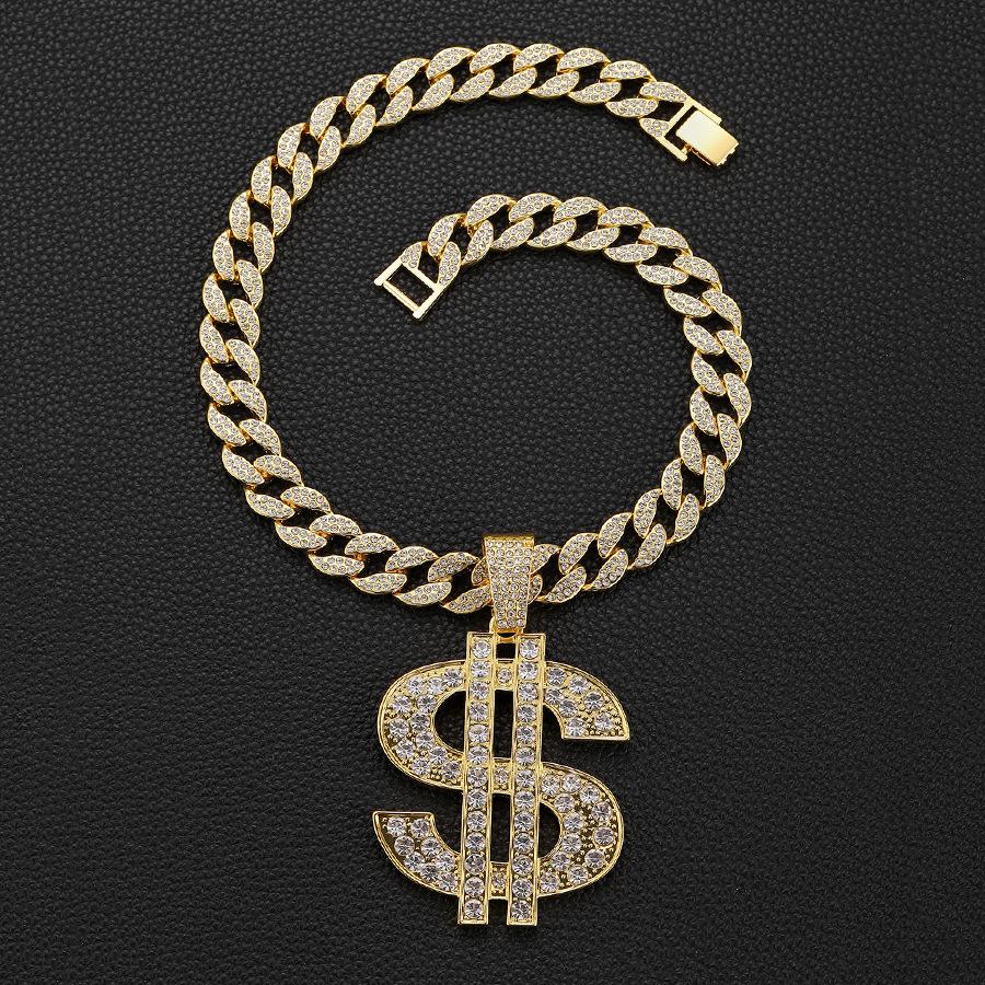 Exaggerated US Dollar Sign Hip Hop Necklace with Diamond Inlays - Trendy Alloy Pendant for Men