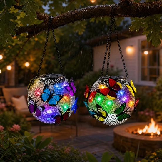 Solar-Schmetterlings-Hängeleuchte mit LED, Wasserdicht für den Außenbereich, Farbwechselnde Metall-Gartenlampe mit Kette, Solar-Garten-Hängekugel für Terrasse