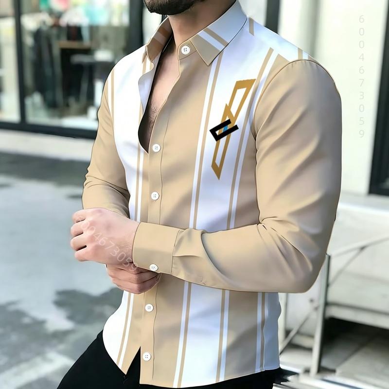Men's Shirt with Contrasting Striped Print, Slim Fit Collar, Long Sleeved Business Casual Shirt, Available In Multiple Colors