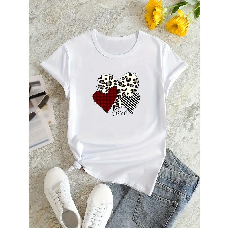 Europäische Größe Herz&Liebe Aufdruck Sommer T-Shirt, Vielseitiges Kurzarm Rundhals Oberteil, Damenbekleidung