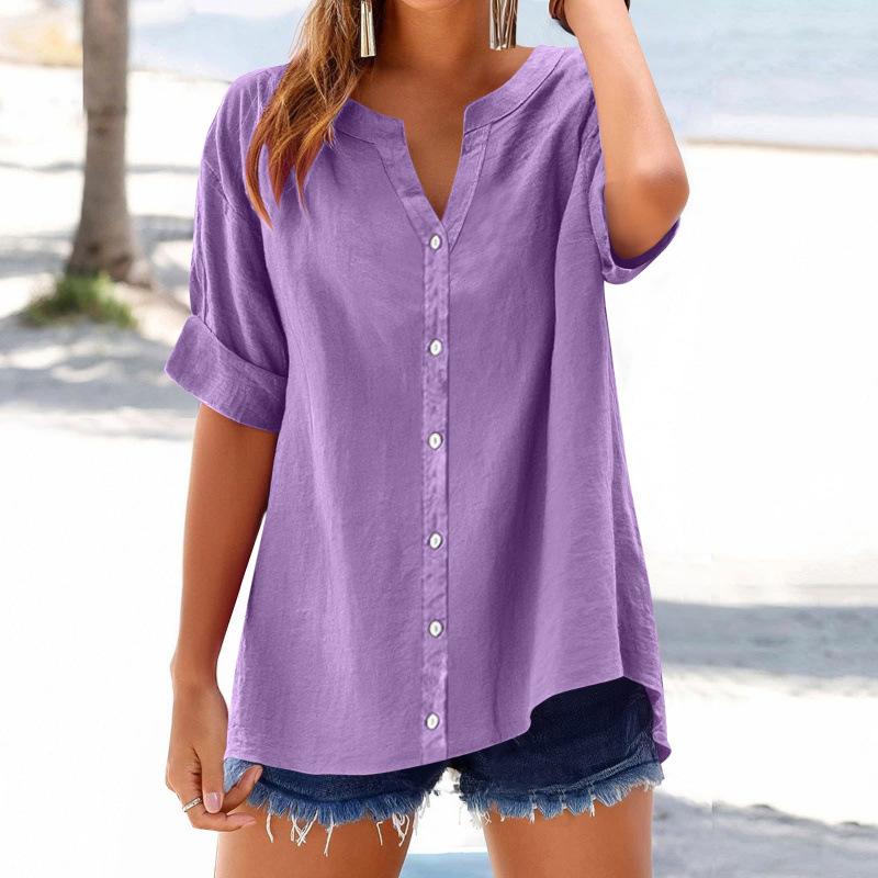 Women Shirt V-neck Short Sleeve Buttons Placket Shirt Tops Solid Color Loose Fit Casual Blouse Daily Wear