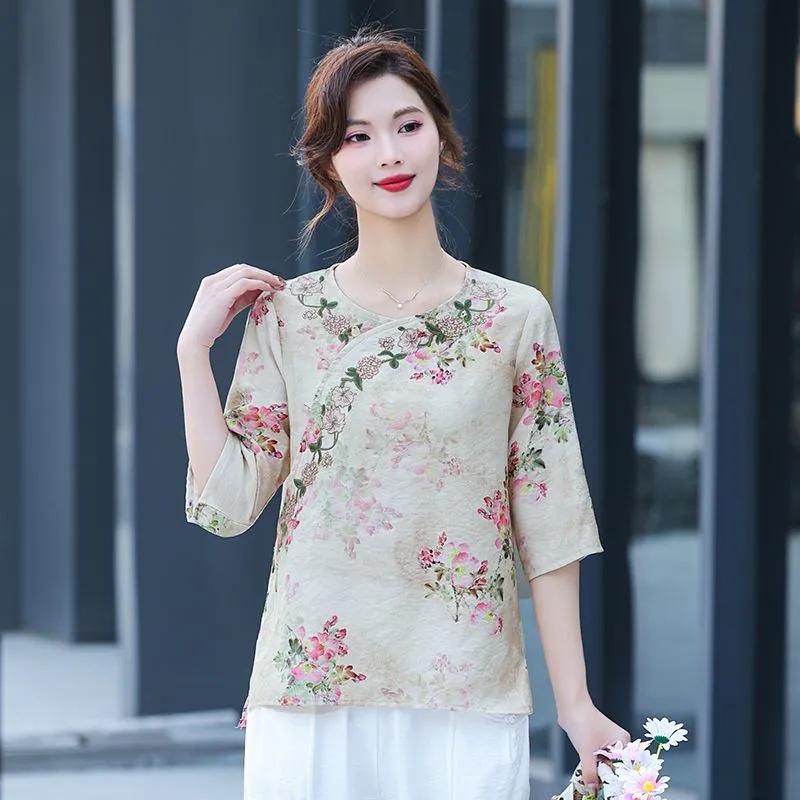 Women's Pink Chinese Style Floral Print Blouse Round Neck 3/4 Sleeve Casual Top