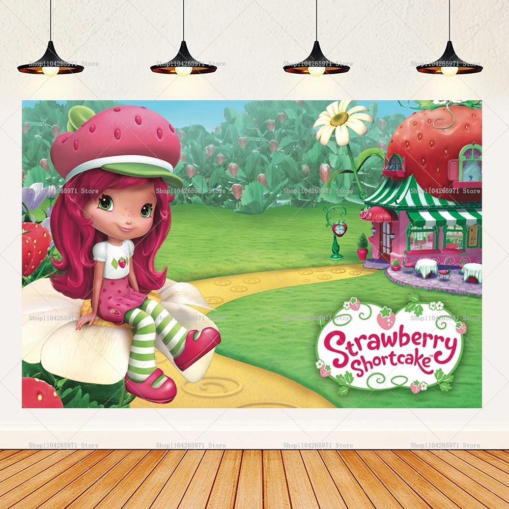 Cartoon Rosa Süßes Erdbeer-Mädchen Thema Hintergrund Mädchen Geburtstagsparty Banner Dekoration Zubehör Babyparty Geschenke Foto Requisiten