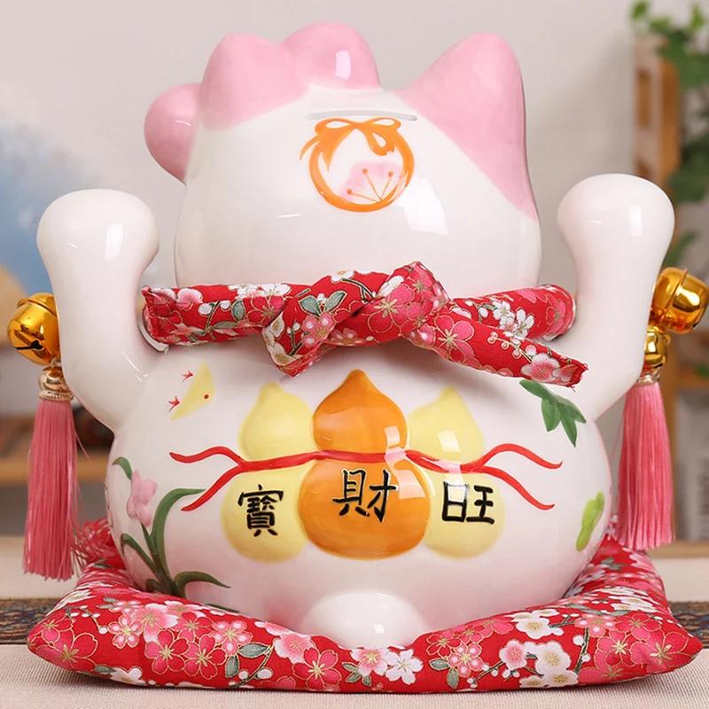 Cartoon Maneki Neko Oranment Ceramic Lucky Cat Figurine Pink BOW-TIE Fortune Cat Statue Home Decorative Money Box Piggy Bank