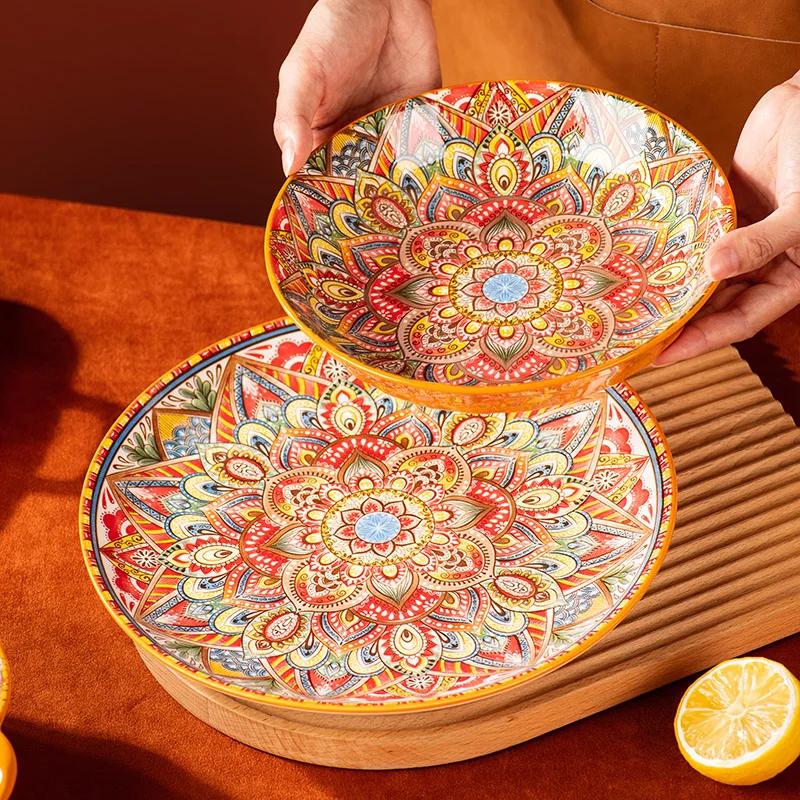 Household Ceramic Plates, Double Ear Noodle Bowls, Desserts, Salad Bowls, Pasta, Dishes, Single Handle Bowls, Bohemian Style