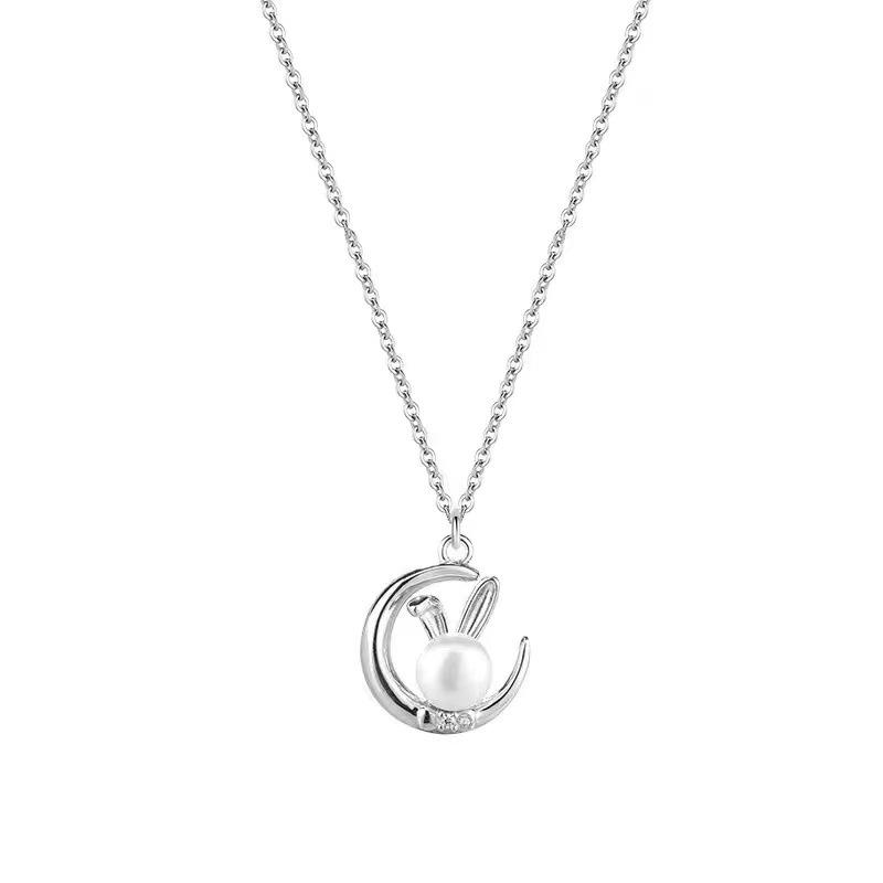 Korean version of cute girl wind moon curved ears cute rabbit natural freshwater pearl pendant s925 sterling silver necklace 925 sterling silver