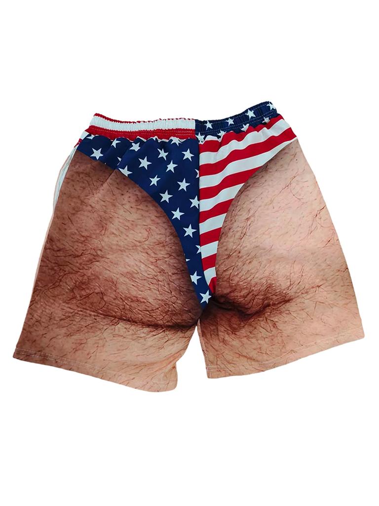 Funny US Flag Briefs 3D Beach Shorts Realistic Hairy Legs Graphic Swim Trunks Novelty Patriotic Costume Beach Shorts for Men