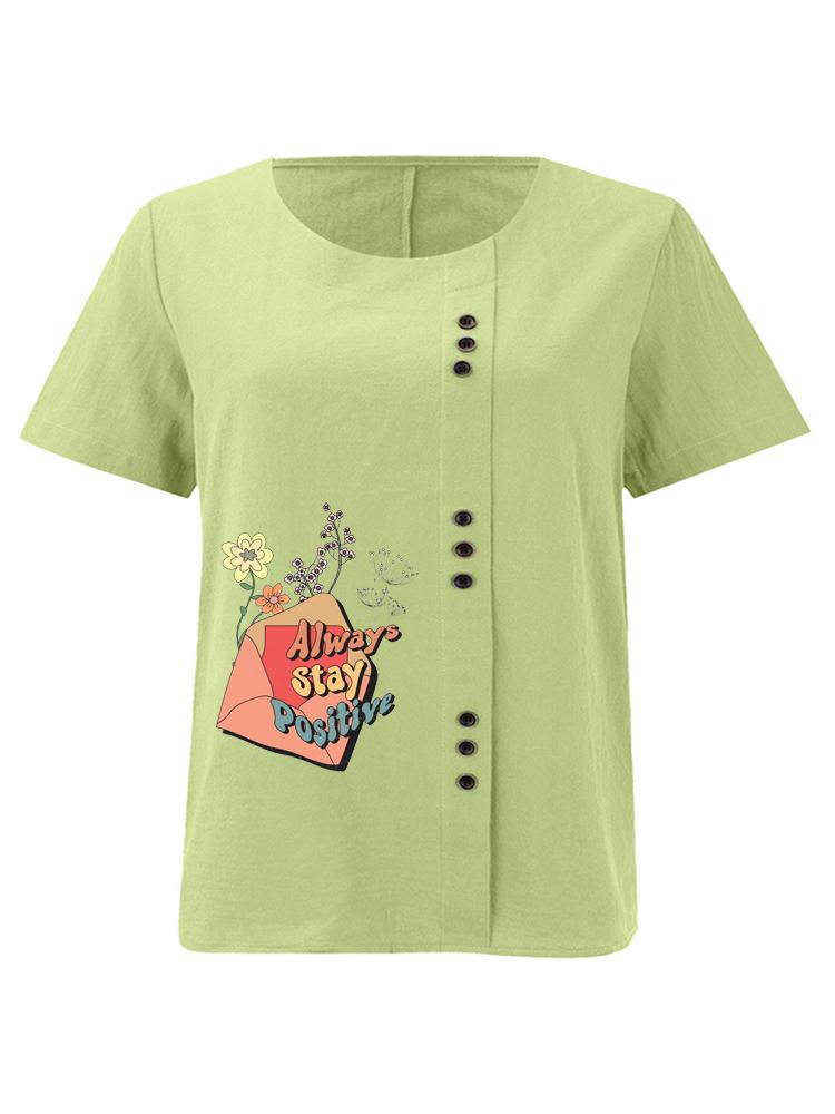 

Women s Fashion Floral Alphabet Print Round Neck Short Sleeve T-shirt Casual Cotton Linen Graphic Shirt Leisure Loose Summer Blouse Tops 5XL зелений
