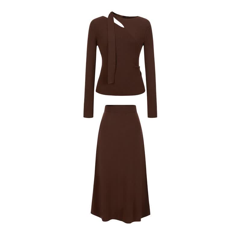 JZ.AnnaCo Gentle Flowing Collar Wool Knit Top & Skirt Set