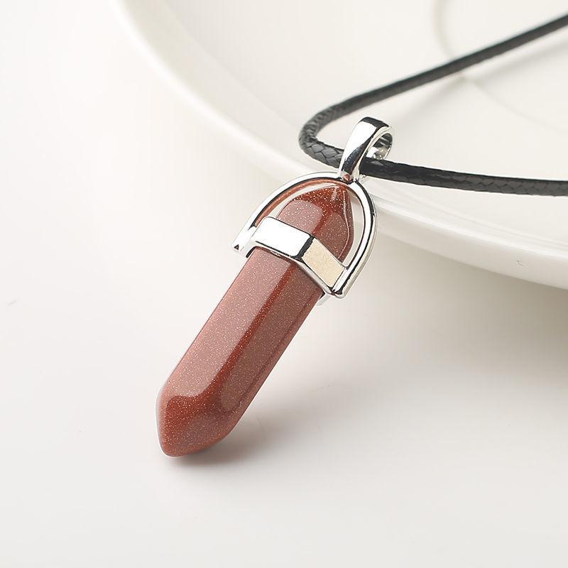 Naturstein Anhänger Halskette Damen Mädchen Geschenk PU Leder Sechseckige Säule Spitz zulaufender Schmuck