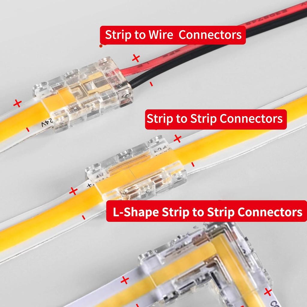 2Pin Transparent Solderless 8mm COB LED Strip Connector Corner Kit,Strip To Wire 4P,Strip To Strip 12P,L-Shape 2P,Red and Black Wire 4P,for 5V 12V