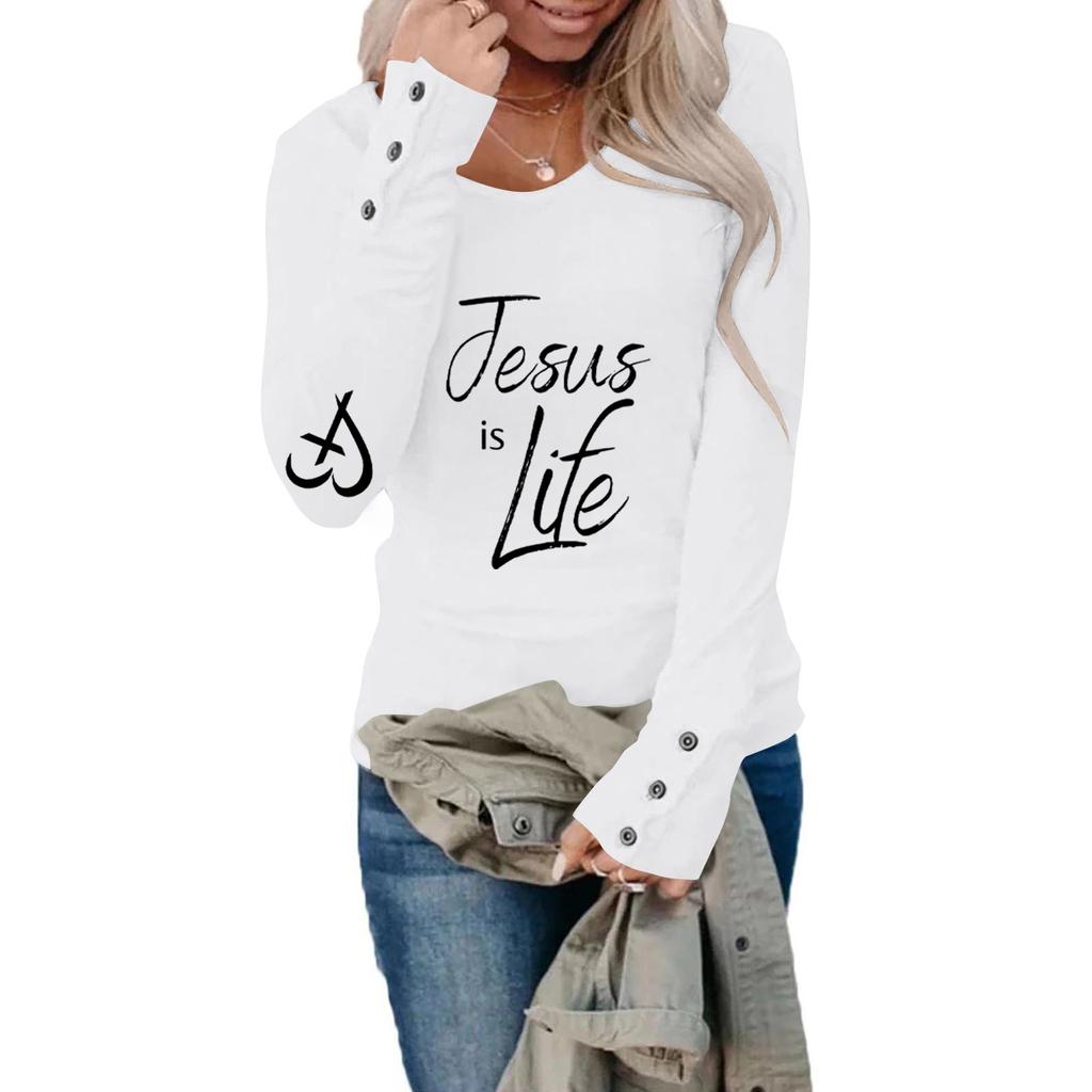 Tshirts For Women Long Sleeve,Round Sleeve Vertical Cross Casual Graphic Shirt,