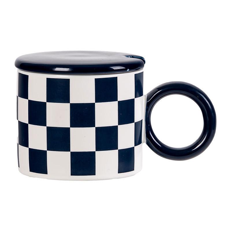 Creative Checkerboard Ceramic Mug Household Cup With Lid And Spoon High Value Afternoon Tea Coffee Cup