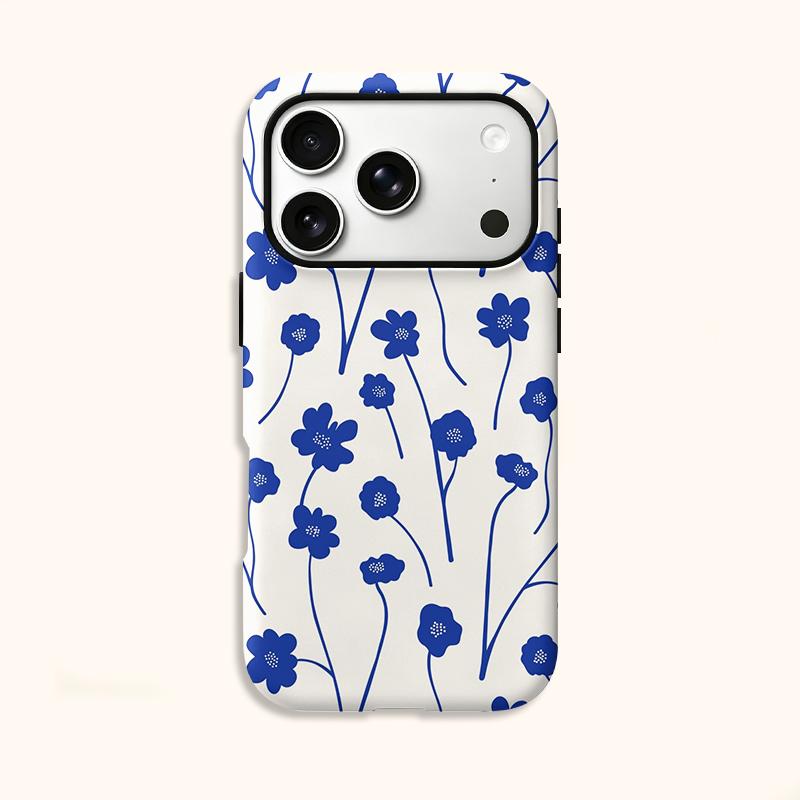 Clean Serene Indigo Blue Stem Floral Pattern Art Film Aesthetic Protective Shockproof Bumper Case Cover For iPhone 14 15 16 Pro Max Plus