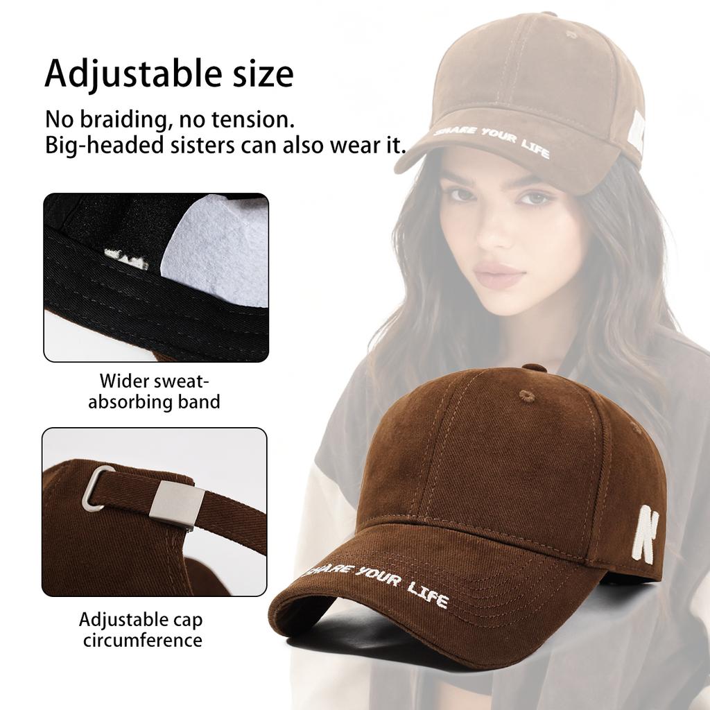 Large Head Circumference Letter Embroidery Baseball Cap for Women, New Style, Enlarged and Deepened, Sunshade, Face-Slimming, Versatile Baseball Cap