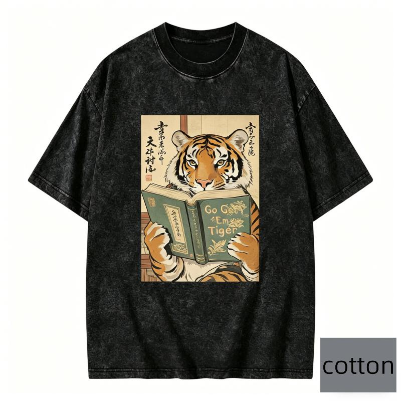 Korean Style Vintage Washed Short Sleeves Tshirt Go Get Em Tiger Graphic Tee Top Men Women Loose Fit Streetwear Casual Tee