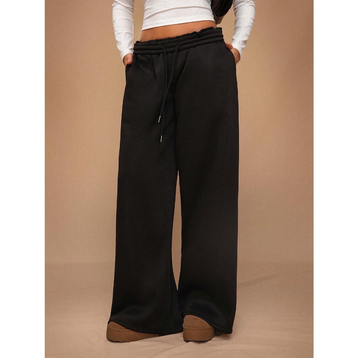 

Women s Fall Winter Fleece Lined Elastic Waist Loose Wide Leg Casual Sports Trousers L чёрный