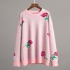 Autumn Winter Rose Print Sweater Women's Round Neck Loose Pullover Versatile Daily Comfortable Knitted Undercoat Top