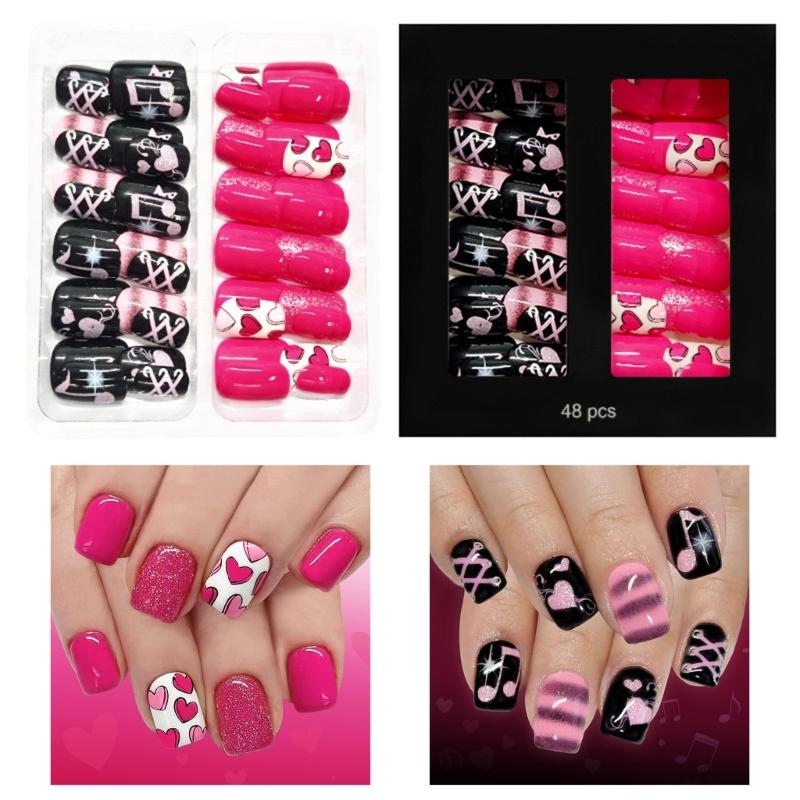 

Pack of 48 Shining Artificial Nail for Special Occasions Featuring Rose Red Love Heart Glitters Valentines Theme 1
