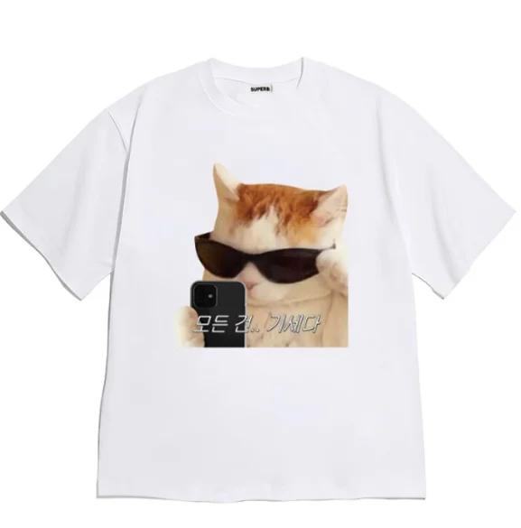 Cool Cat Selfie 2026 Meme Tshirt Unisex Unisex Korean Style Sunglasses Graphic Short Sleeve Casual Streetwear Top