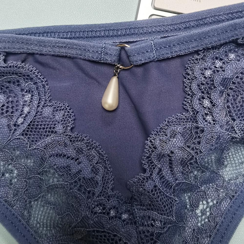 Women Low‑Rise Floral Lace Thong T‑back Panties Thin Side Strap Pearl Pendant Decor Hollow‑out Sheer Sexy Ladies Lingerie Underwear