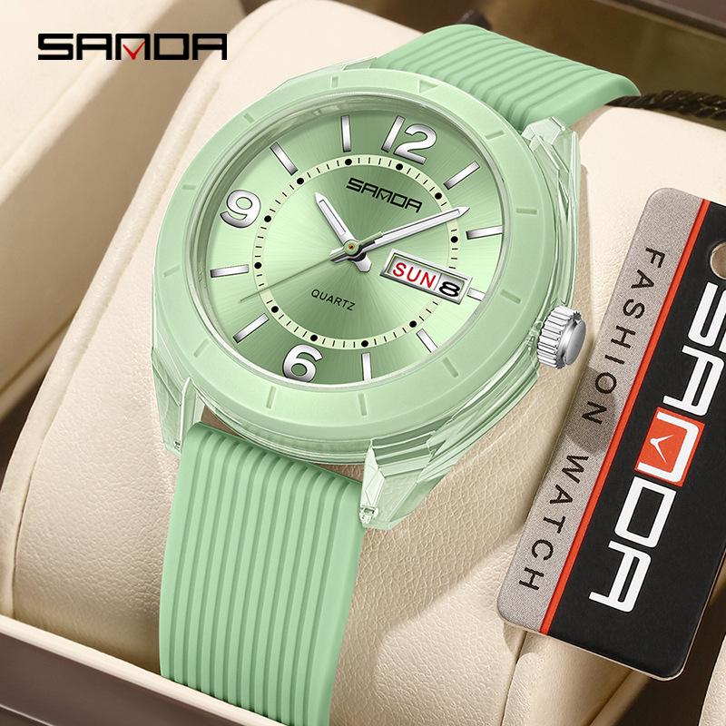 Orologio Sanda Dual Calendar al Quarzo da Studente con Lancette Luminose, Impermeabile, alla Moda, Cassa Rotonda Trasparente