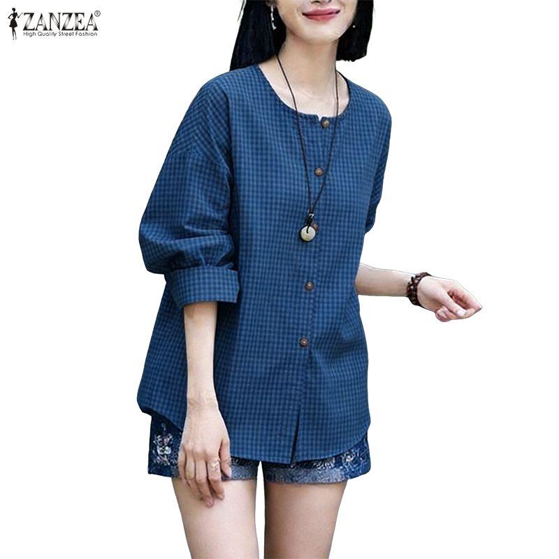 ZANZEA Women Casual Round Neck Long Sleeve Plaid Print Blouse