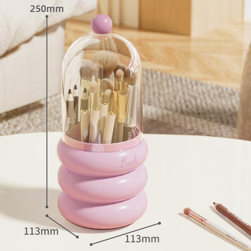 360 Rotating Makeup Brush Storage Holder With Lid Transparent Makeup Brush Bucket Dustproof Large Capacity Cosmetic Container розовый