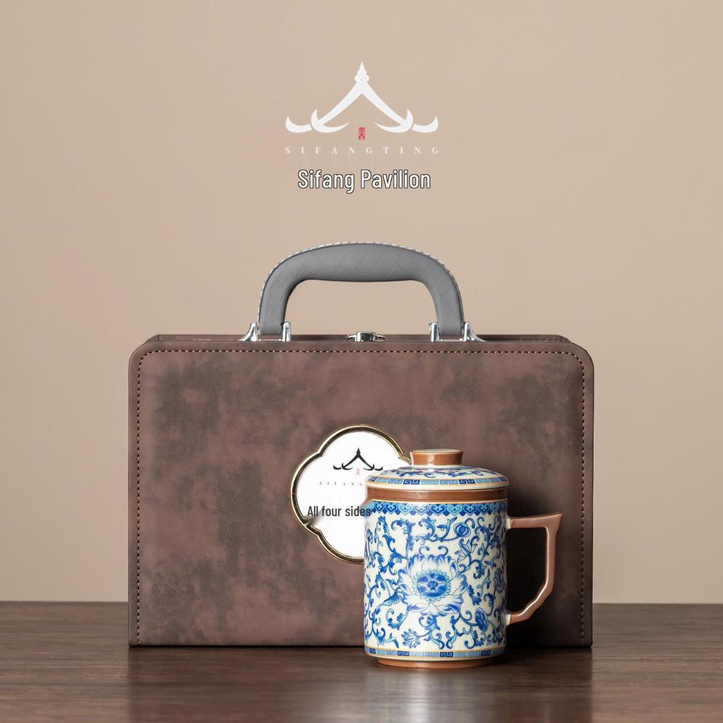 Blue & White Lotus Pattern Ceramic Mug with Lid - Chinese Style Gift Box Set for Home or Office