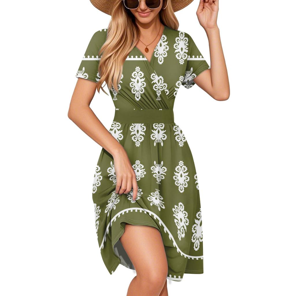 Women's Dress Is Elegant And Casual, Featuring A Colorful Printed V-neck Short-sleeved Dress