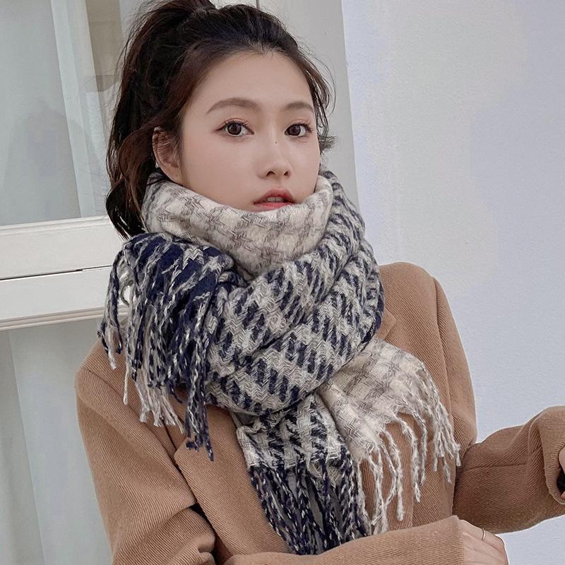 Women's Houndstooth Winter Scarf 2025 - Double-Sided Plaid Tassel Shawl, Thick, Warm, Fashionable Neck Warmer
