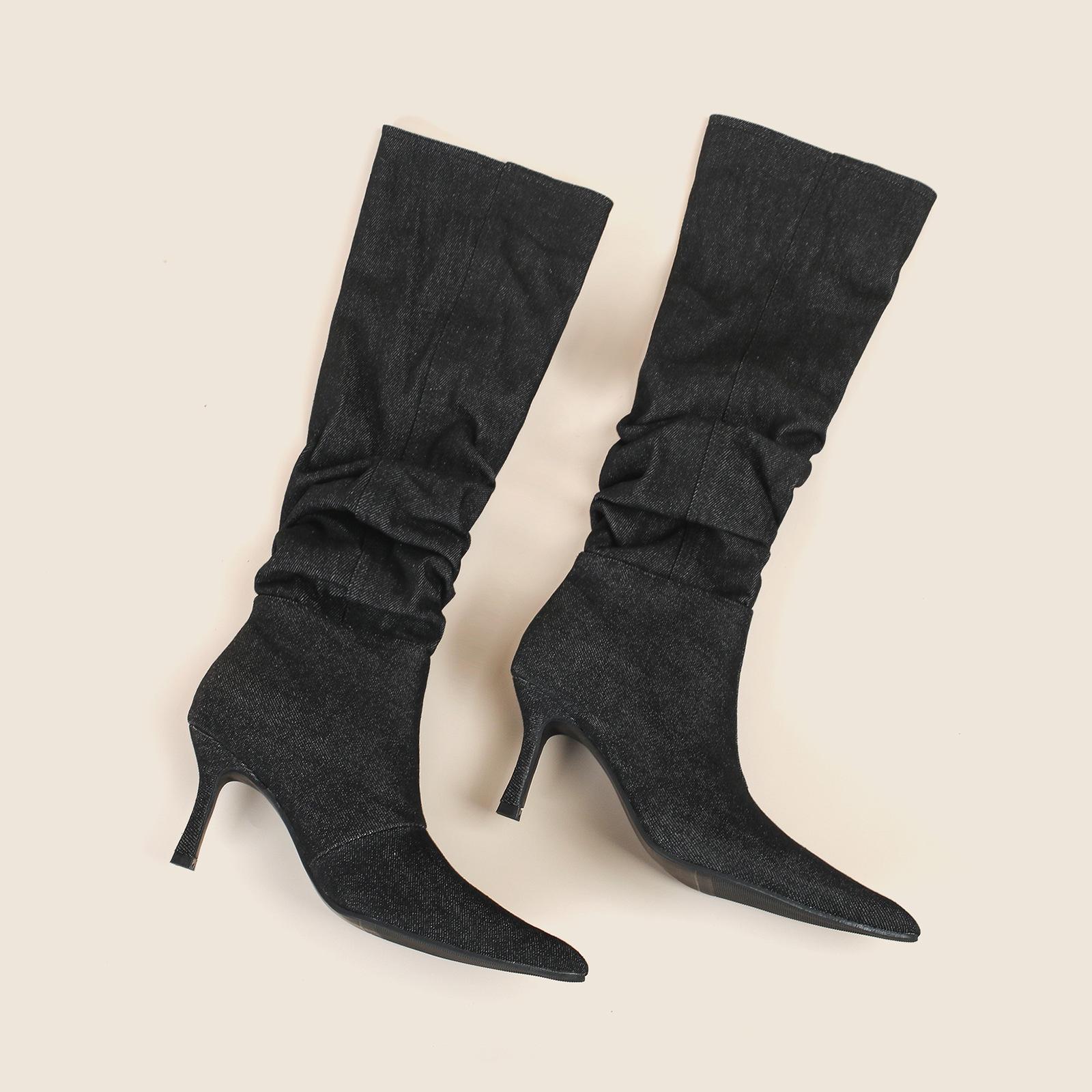 

Стильные европейские и американские ботильоны с острым носком и плиссированной сборкой, новинка весны и лета 2025 года, модные ботфорты на тонком каблуке до колена, облегающие ногу, на высоком каблуке 39 чёрный