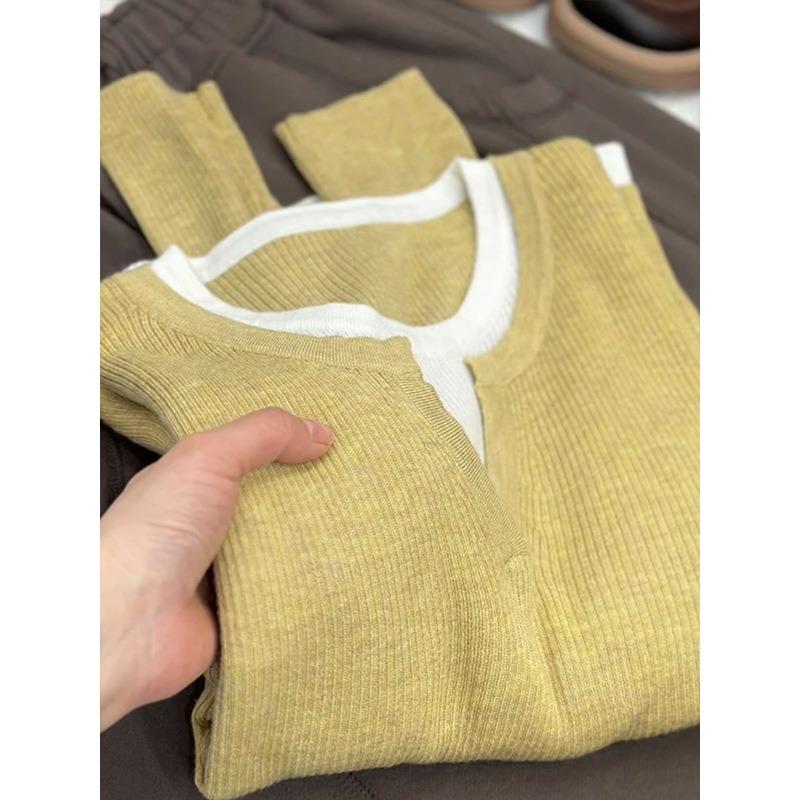 Soft waxy contrasting color fake two-piece neck knitted sweater women's spring, autumn and winter new versatile casual top