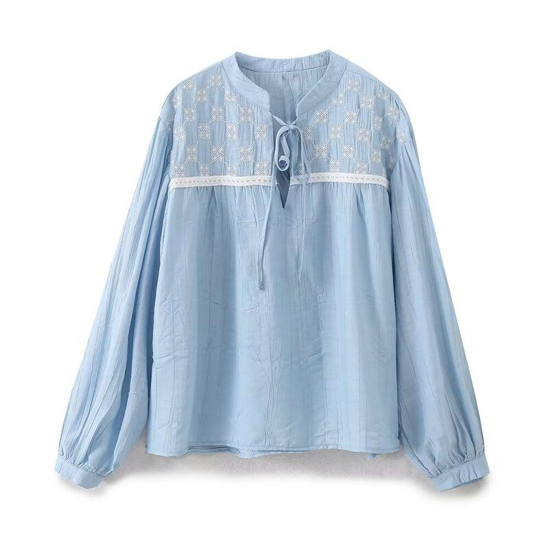 Western Style 2024 Spring and Summer New Women Clothes Slimming Versatile Embroidered Round Neck Long Sleeve Shirts 2298072 403