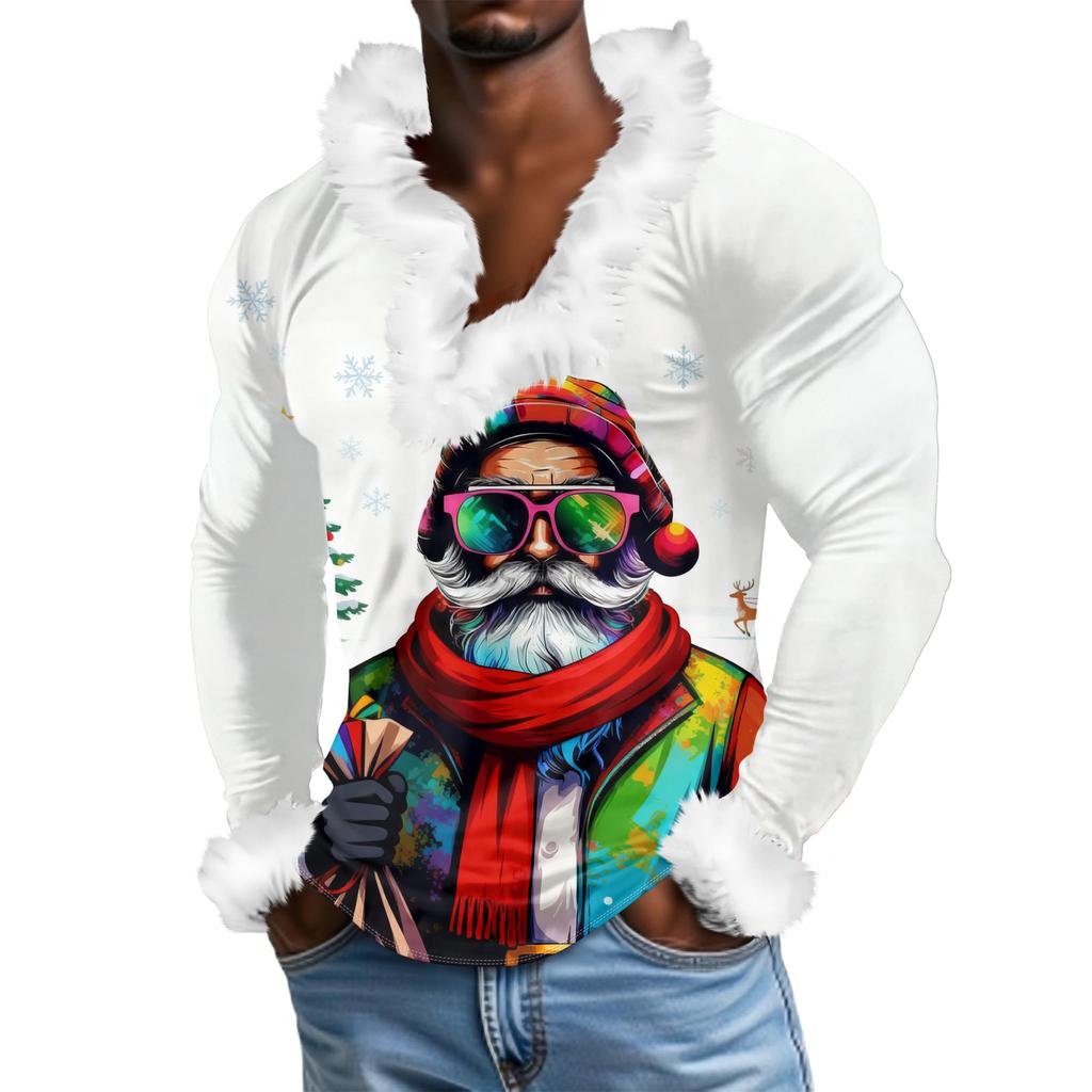 Herren Lässiges Weihnachten Bedrucktes Plüsch V-Ausschnitt und Fleece Langarm-Sweatshirt