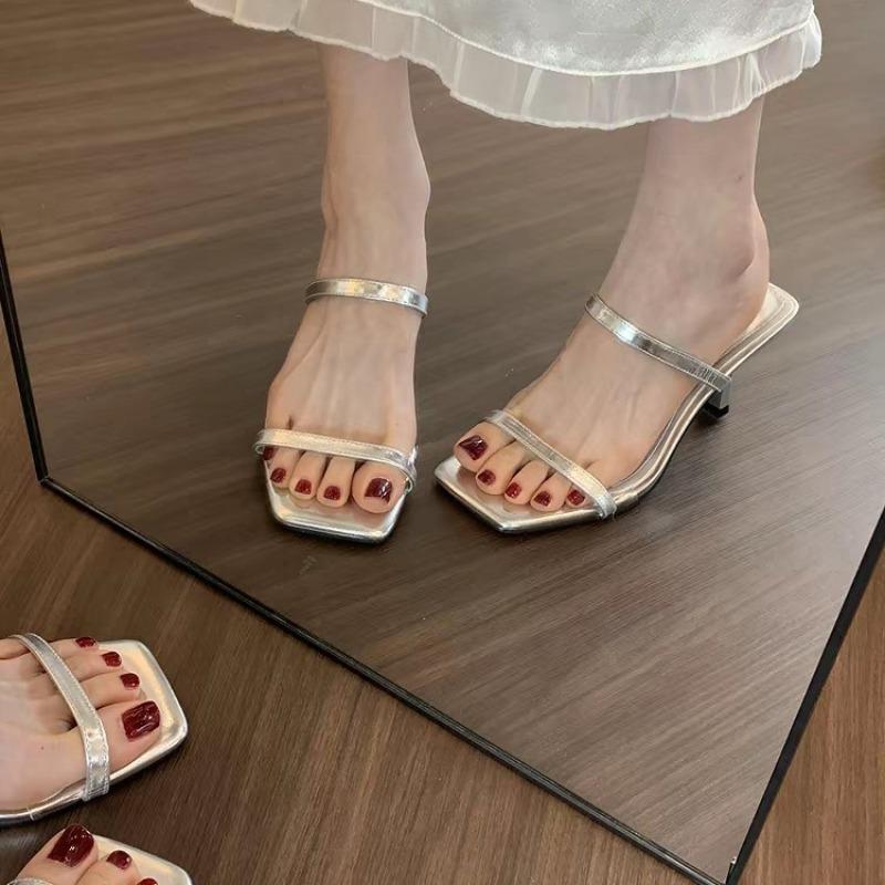 

High-heeled Square-toe Shoes, New Style, Large Size, Summer Flip-flops, Women s Single-toe Sandals 35 серебряный