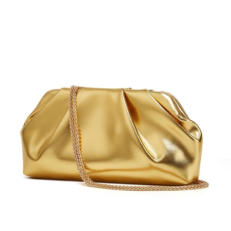 Elegant Golden Pleated PU Evening Clutch with Detachable Chain Strap Chic Women's Handbag for Dinner Parties and Formal Events Party Handbag Luxury