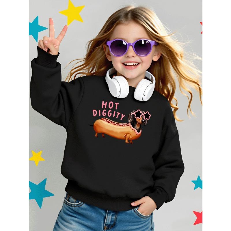 Felpa morbida da ragazza con girocollo, Stampa Fashion Hot Diggity Dachshund con Stampa carina e creativa, Casual e versatile per Autunno Inverno